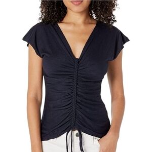 Max Studio Ruched Drawstring V-Neck Top XS Navy Short Sleeve Cinched Tee Blouse